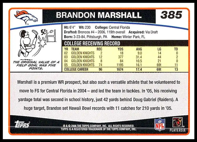 2006 Topps #385 Brandon Marshall NM-MT RC Rookie Denver Broncos Football Card - Football Card Single