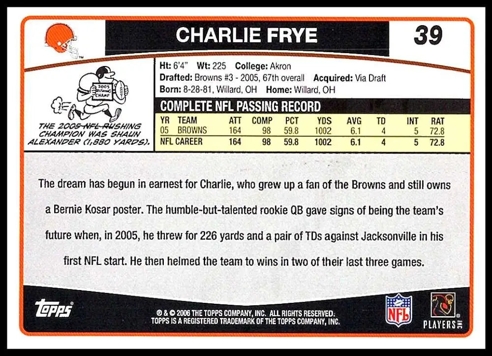 2006 Topps #39 Charlie Frye NM-MT Cleveland Browns Football Card - Football Card Single