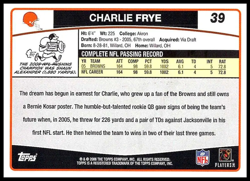 2006 Topps #39 Charlie Frye NM-MT Cleveland Browns Football Card - Football Card Single