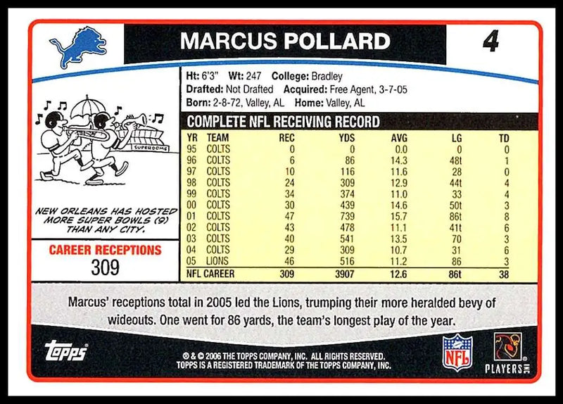 2006 Topps #4 Marcus Pollard NM-MT Detroit Lions Football Card - Football Card Single