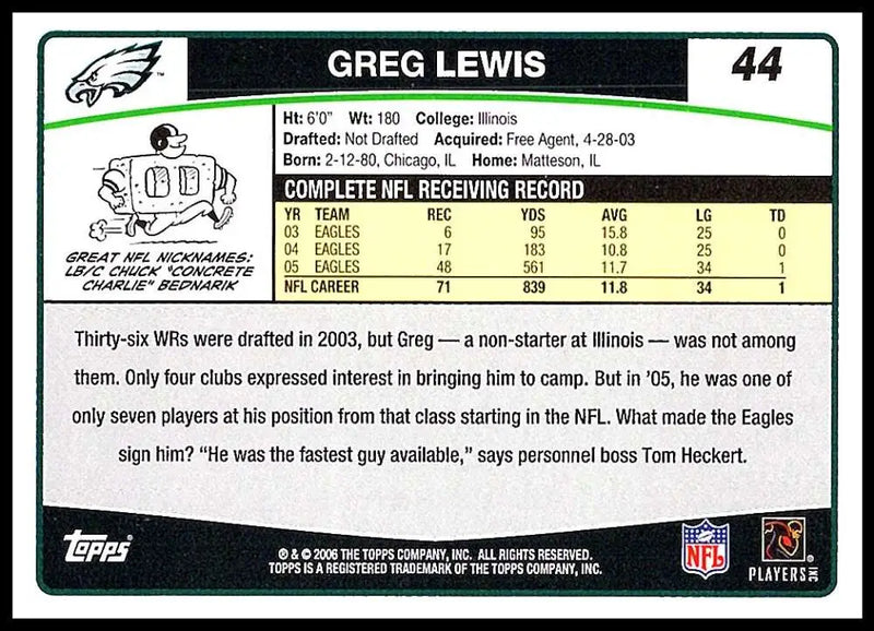 2006 Topps #44 Greg Lewis NM-MT Philadelphia Eagles Football Card - Football Card Single