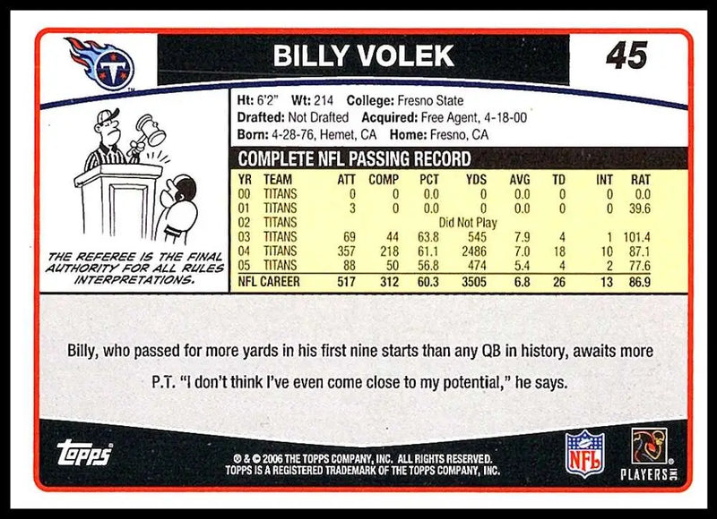 2006 Topps #45 Billy Volek NM-MT Tennessee Titans Football Card - Football Card Single