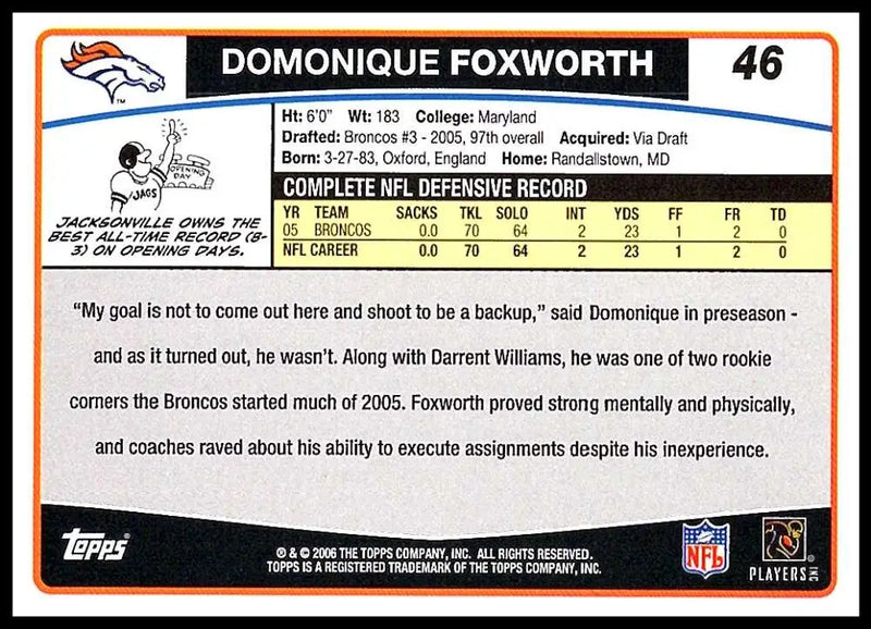 2006 Topps #46 Domonique Foxworth NM-MT Denver Broncos Football Card - Football Card Single