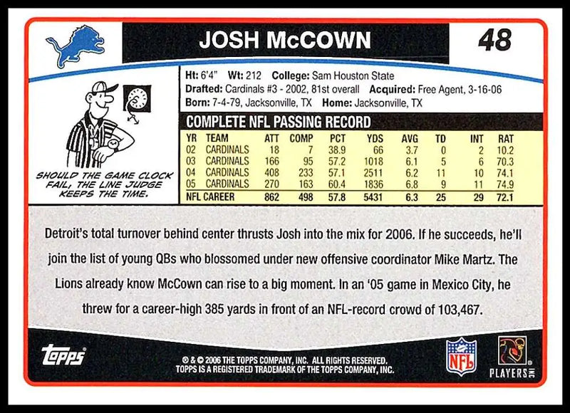 2006 Topps #48 Josh McCown NM-MT Detroit Lions Football Card - Football Card Single