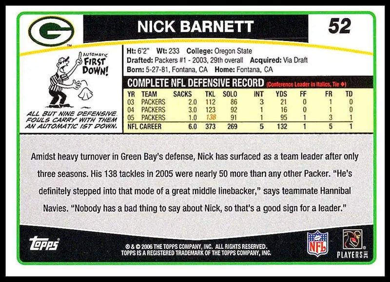 2006 Topps #52 Nick Barnett NM-MT Green Bay Packers Football Card - Football Card Single