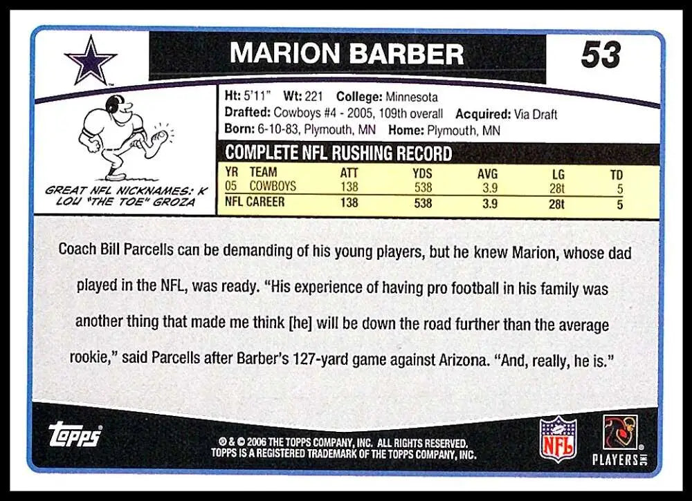 2006 Topps #53 Marion Barber NM-MT Dallas Cowboys Football Card - Football Card Single