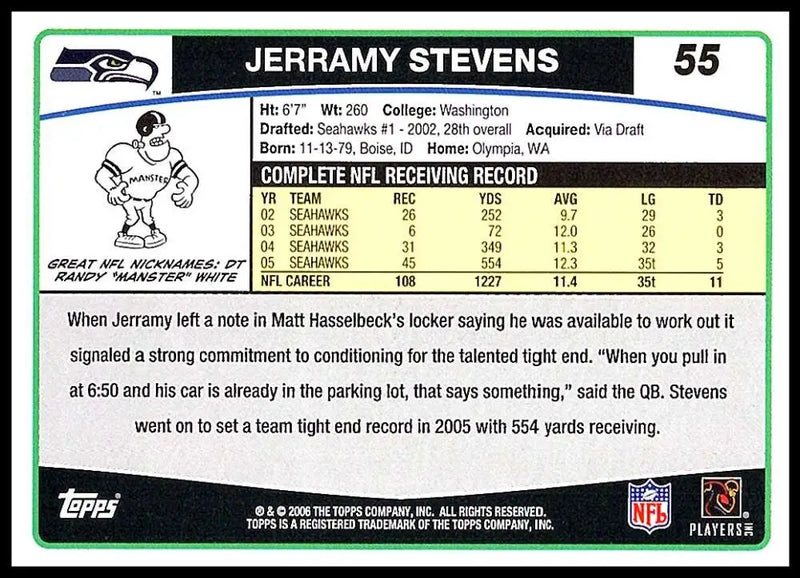 2006 Topps #55 Jerramy Stevens NM-MT Seattle Seahawks Football Card - Football Card Single