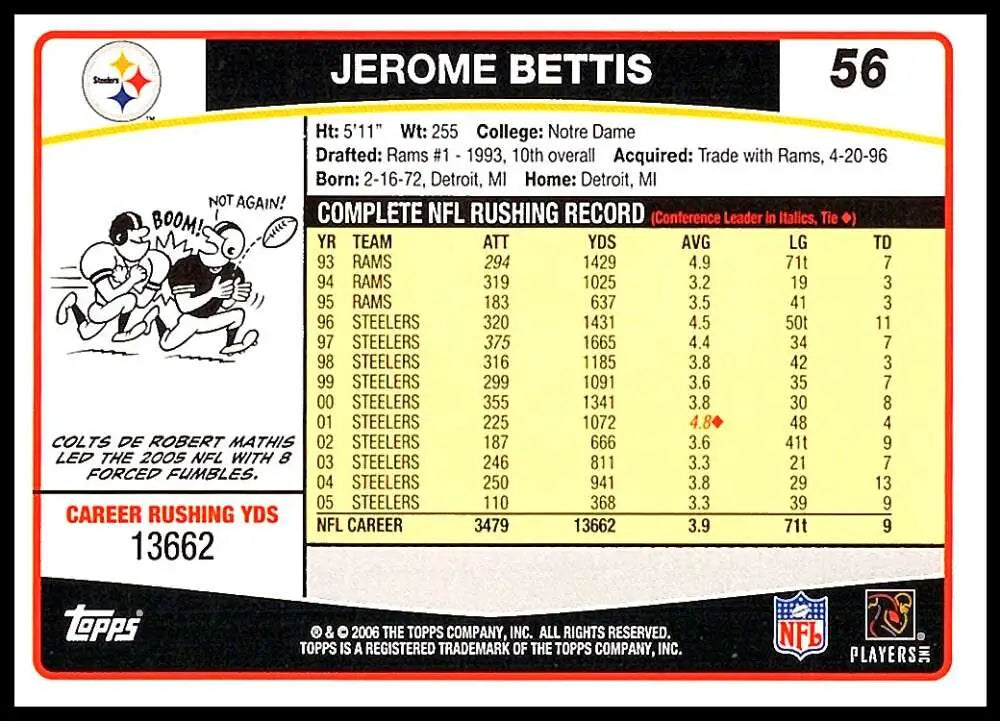 2006 Topps #56 Jerome Bettis NM-MT Pittsburgh Steelers Football Card - Football Card Single