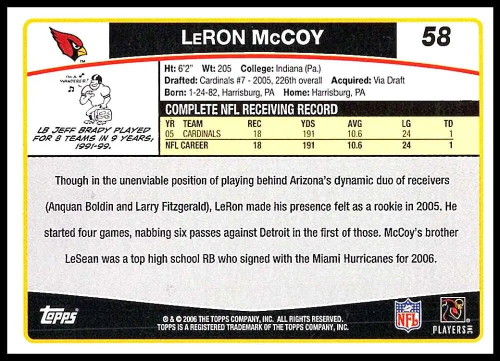 2006 Topps #58 LeRon McCoy NM-MT Arizona Cardinals Football Card - Football Card Single