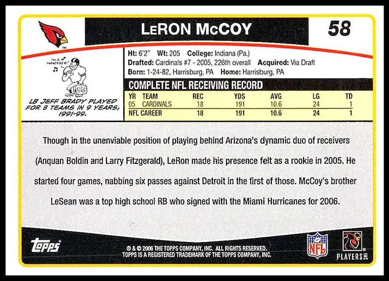 2006 Topps #58 LeRon McCoy NM-MT Arizona Cardinals Football Card - Football Card Single