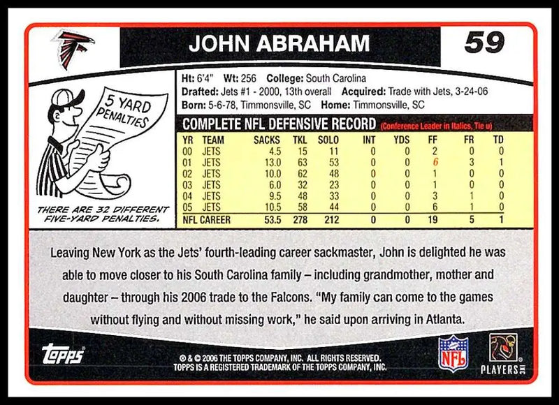 2006 Topps #59 John Abraham NM-MT Atlanta Falcons Football Card - Football Card Single