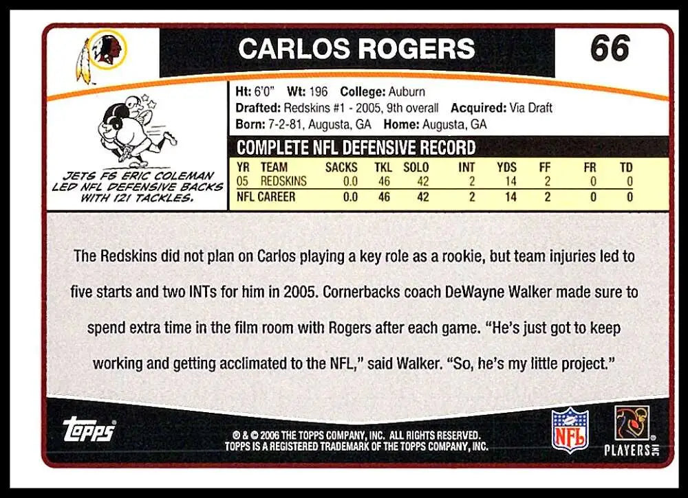 2006 Topps #66 Carlos Rogers NM-MT Washington Redskins Football Card - Football Card Single