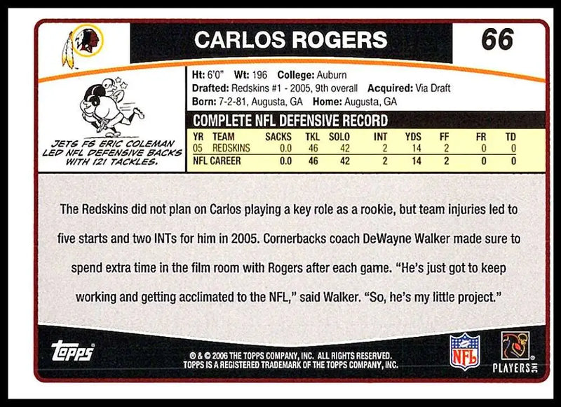 2006 Topps #66 Carlos Rogers NM-MT Washington Redskins Football Card - Football Card Single