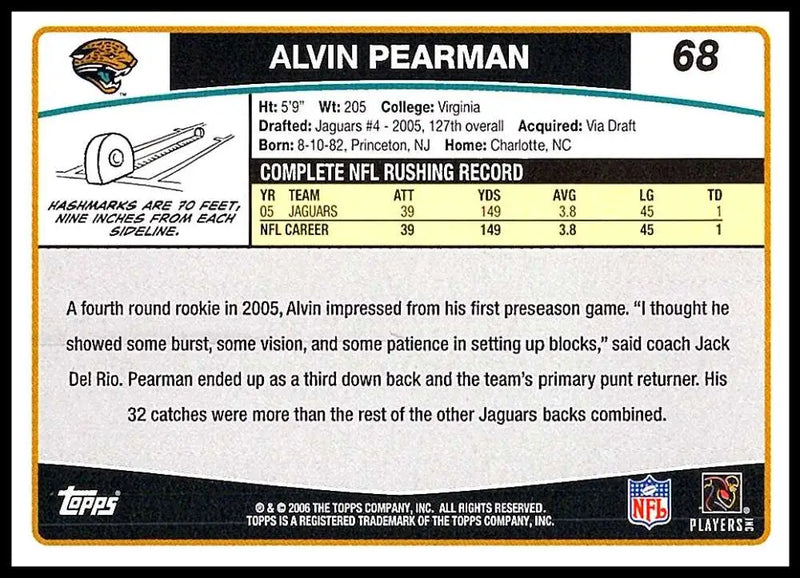 2006 Topps #68 Alvin Pearman NM-MT Jacksonville Jaguars Football Card - Football Card Single