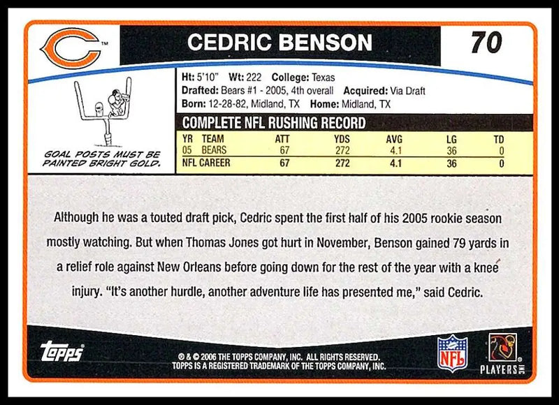 2006 Topps #70 Cedric Benson NM-MT Chicago Bears Football Card - Football Card Single