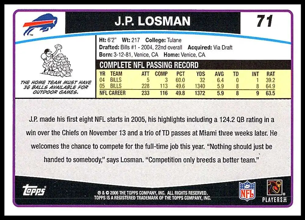 2006 Topps #71 J.P. Losman NM-MT Buffalo Bills Football Card - Football Card Single