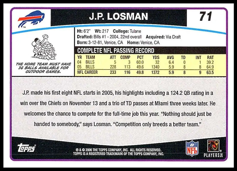2006 Topps #71 J.P. Losman NM-MT Buffalo Bills Football Card - Football Card Single