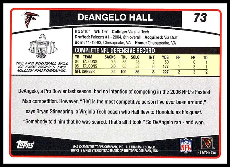 2006 Topps #73 DeAngelo Hall NM-MT Atlanta Falcons Football Card - Football Card Single