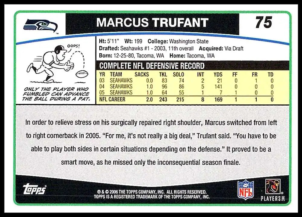 2006 Topps #75 Marcus Trufant NM-MT Seattle Seahawks Football Card