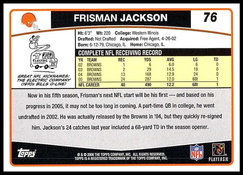 2006 Topps #76 Frisman Jackson NM-MT Cleveland Browns Football Card - Football Card Single