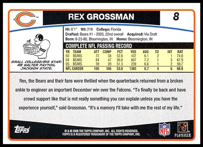 2006 Topps #8 Rex Grossman NM-MT Chicago Bears Football Card - Football Card Single