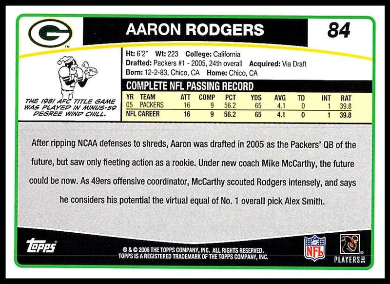 2006 Topps #84 Aaron Rodgers NM-MT Green Bay Packers Football Card - Football Card Single