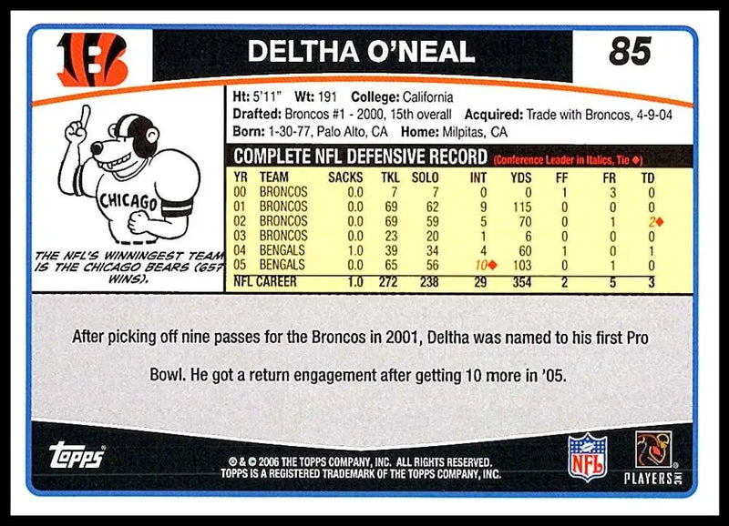 2006 Topps #85 Deltha O’Neal NM-MT Cincinnati Bengals Football Card - Football Card Single