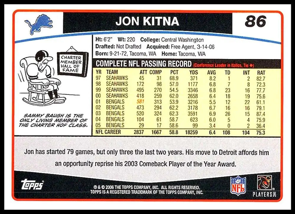 2006 Topps #86 Jon Kitna NM-MT Detroit Lions Football Card - Football Card Single