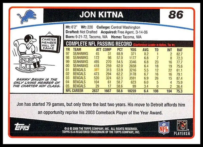 2006 Topps #86 Jon Kitna NM-MT Detroit Lions Football Card - Football Card Single