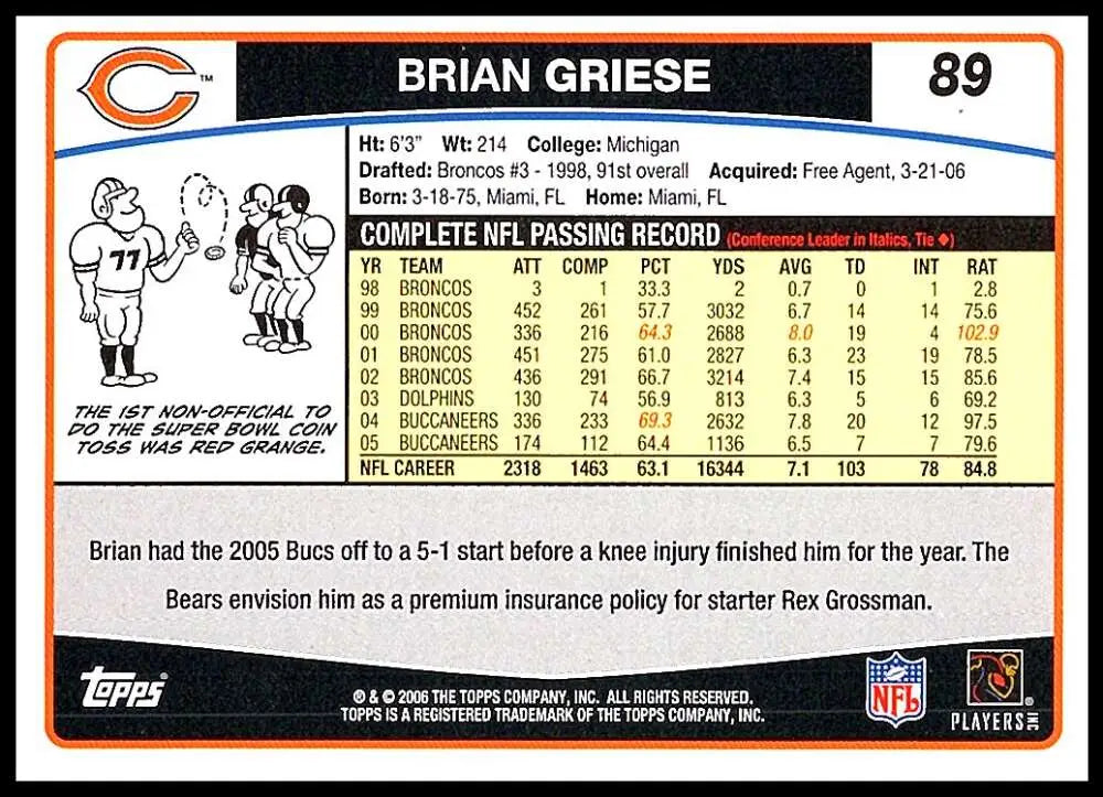 2006 Topps #89 Brian Griese NM-MT Chicago Bears Football Card - Football Card Single