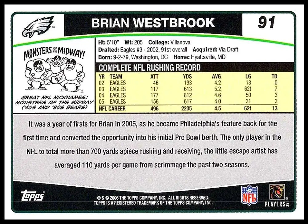 2006 Topps #91 Brian Westbrook NM-MT Philadelphia Eagles Football Card - Football Card Single
