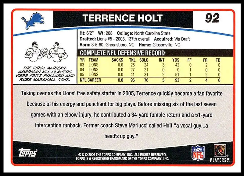 2006 Topps #92 Terrence Holt NM-MT Detroit Lions Football Card - Football Card Single