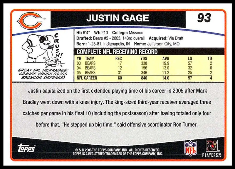 2006 Topps #93 Justin Gage NM-MT Chicago Bears Football Card - Football Card Single