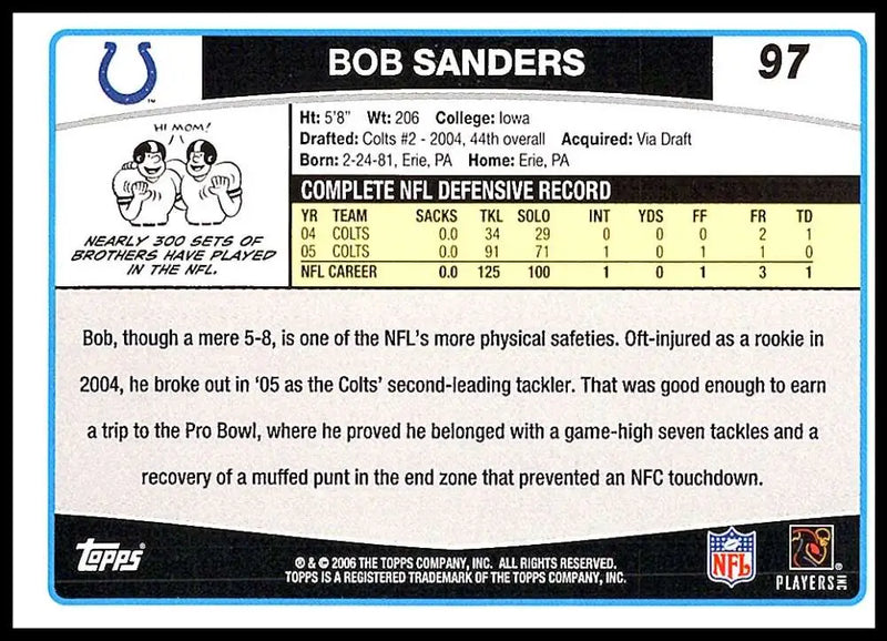 2006 Topps #97 Bob Sanders NM-MT Indianapolis Colts Football Card - Football Card Single