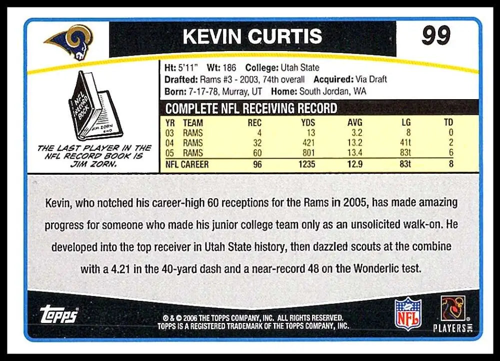 2006 Topps #99 Kevin Curtis NM-MT St. Louis Rams Football Card - Football Card Single