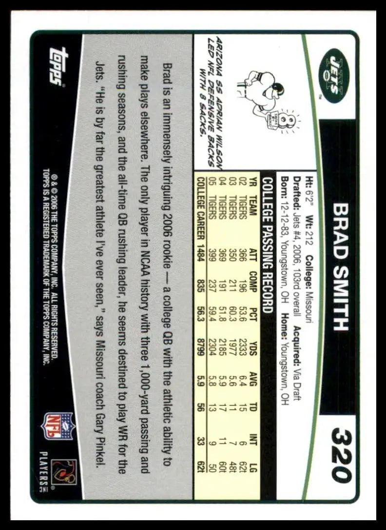 2013 Topps NFL football trading card featuring Brad Smith from the 2006 Topps Jets rookie series