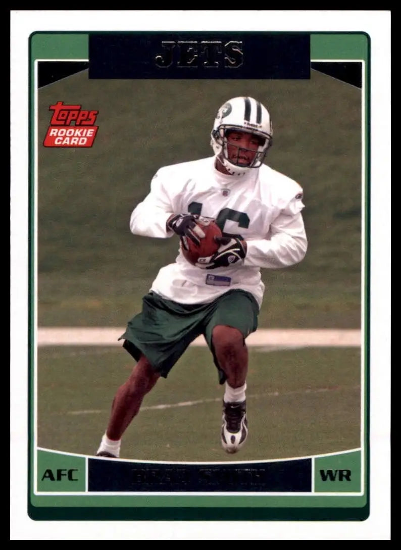 Green and white football uniform with helmet and ball, featured on 2006 Topps Brad Smith rookie football card