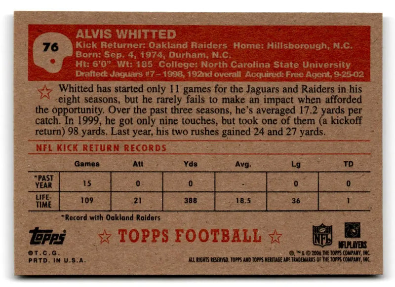 2006 Topps Heritage #76 Alvis Whitted - Football Card Single