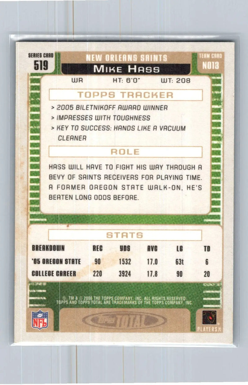 2006 Topps Total #519 Mike Hass New Orleans Saints Rookie - Football Card Single