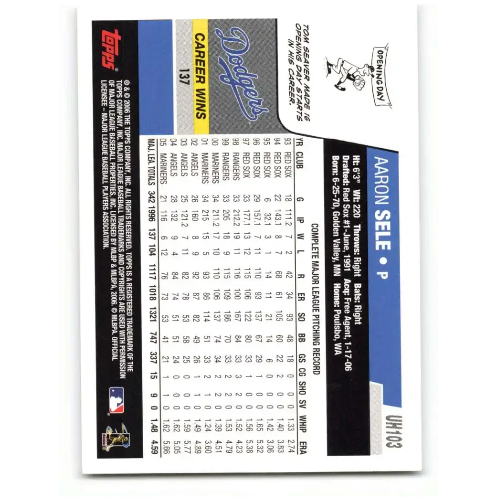 2006 Topps Update #103 Aaron Sele EX Excellent Los Angeles Dodgers Baseball Card - Baseball Card Single