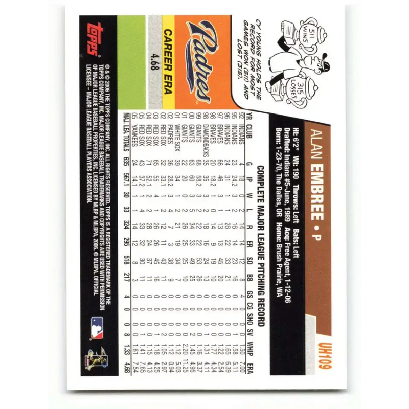 2006 Topps Update #109 Alan Embree EX Excellent San Diego Padres Baseball Card - Baseball Card Single