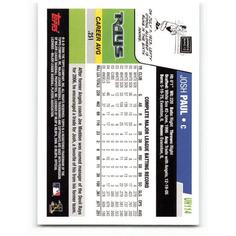 2006 Topps Update #114 Josh Paul EX Excellent Tampa Bay Devil Rays Baseball Card - Baseball Card Single