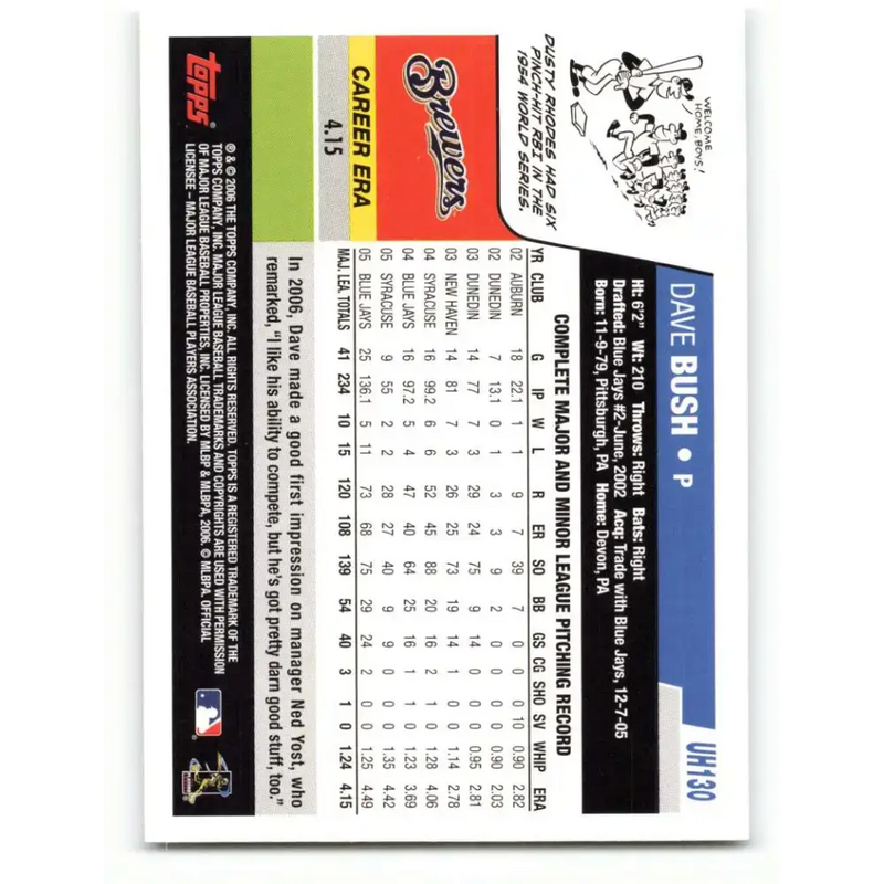 2006 Topps Update #130 Dave Bush EX Excellent Milwaukee Brewers Baseball Card - Baseball Card Single