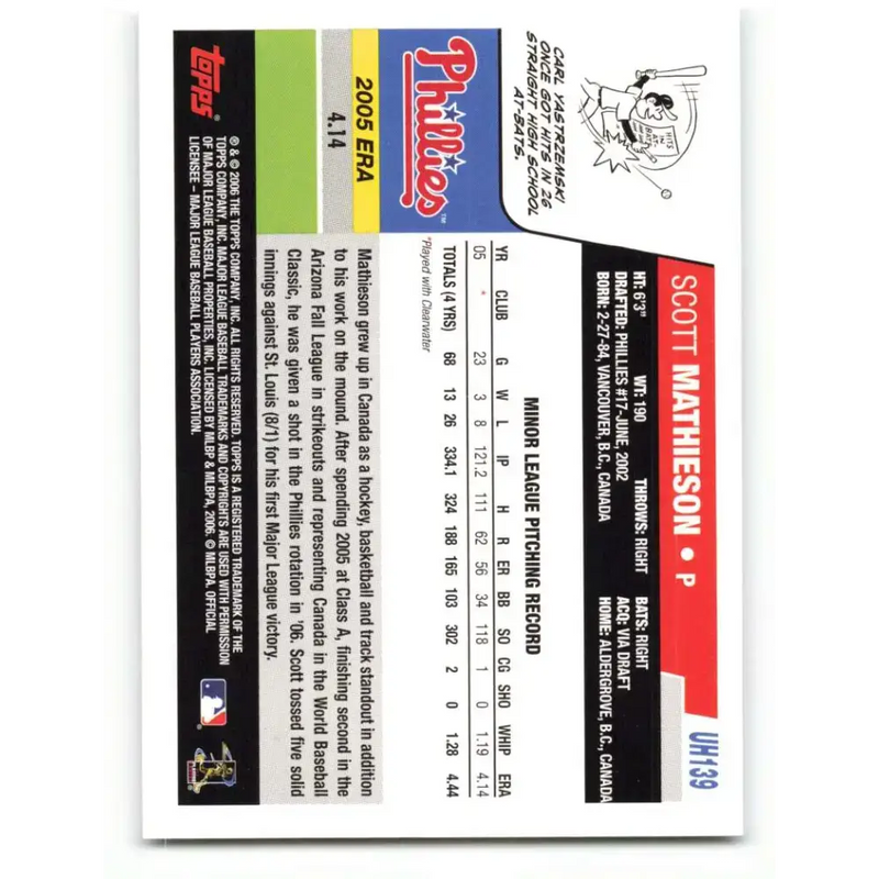 2006 Topps Update #139 Scott Mathieson EX Excellent RC Rookie Philadelphia Phillies Baseball Card - Baseball Card Single