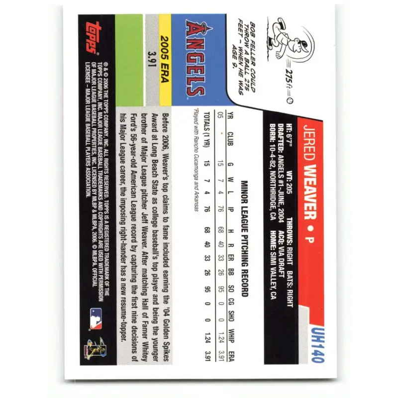 2006 Topps Update #140 Jered Weaver EX Excellent RC Rookie Los Angeles Angels Baseball Card - Baseball Card Single