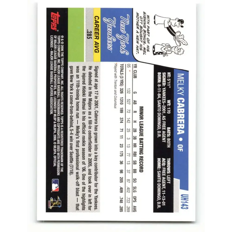2006 Topps Update #143 Melky Cabrera EX Excellent RC Rookie New York Yankees Baseball Card - Baseball Card Single