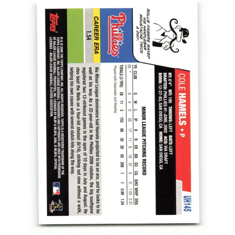2006 Topps Update #145 Cole Hamels EX Excellent RC Rookie Philadelphia Phillies Baseball Card - Baseball Card Single
