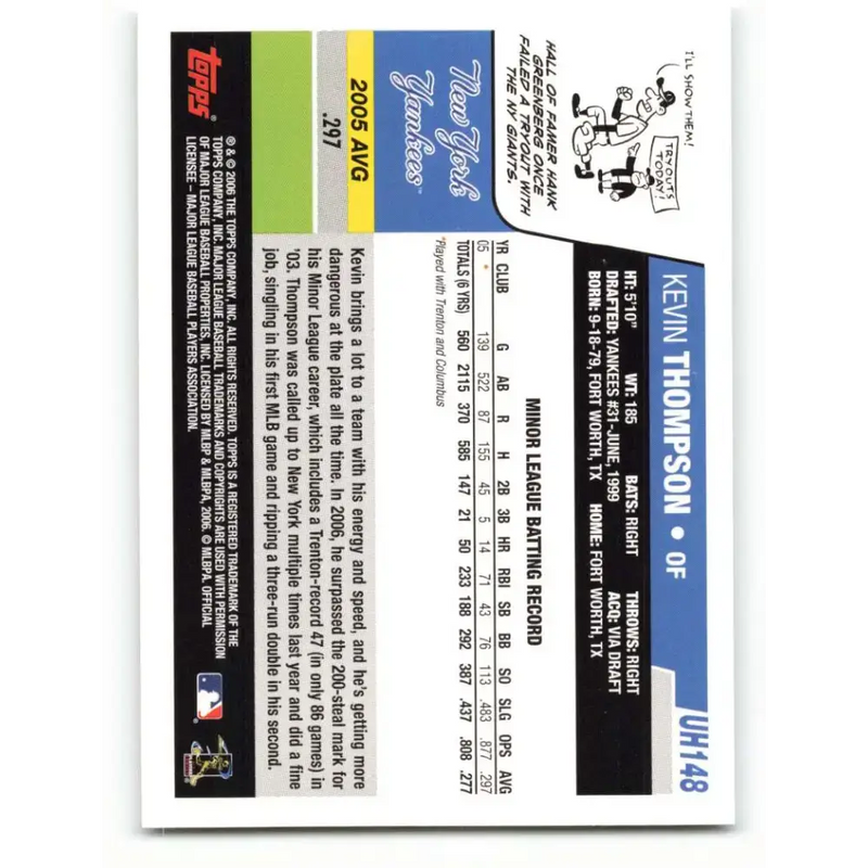 2006 Topps Update #148 Kevin Thompson EX Excellent RC Rookie New York Yankees Baseball Card - Baseball Card Single