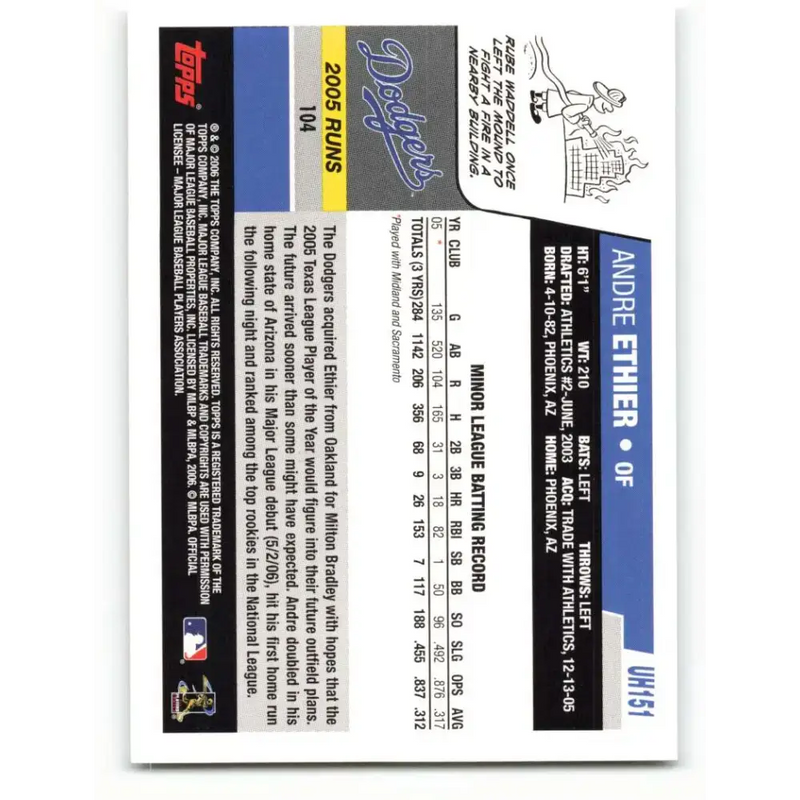 2006 Topps Update #151 Andre Ethier EX Excellent RC Rookie Los Angeles Dodgers Baseball Card - Baseball Card Single