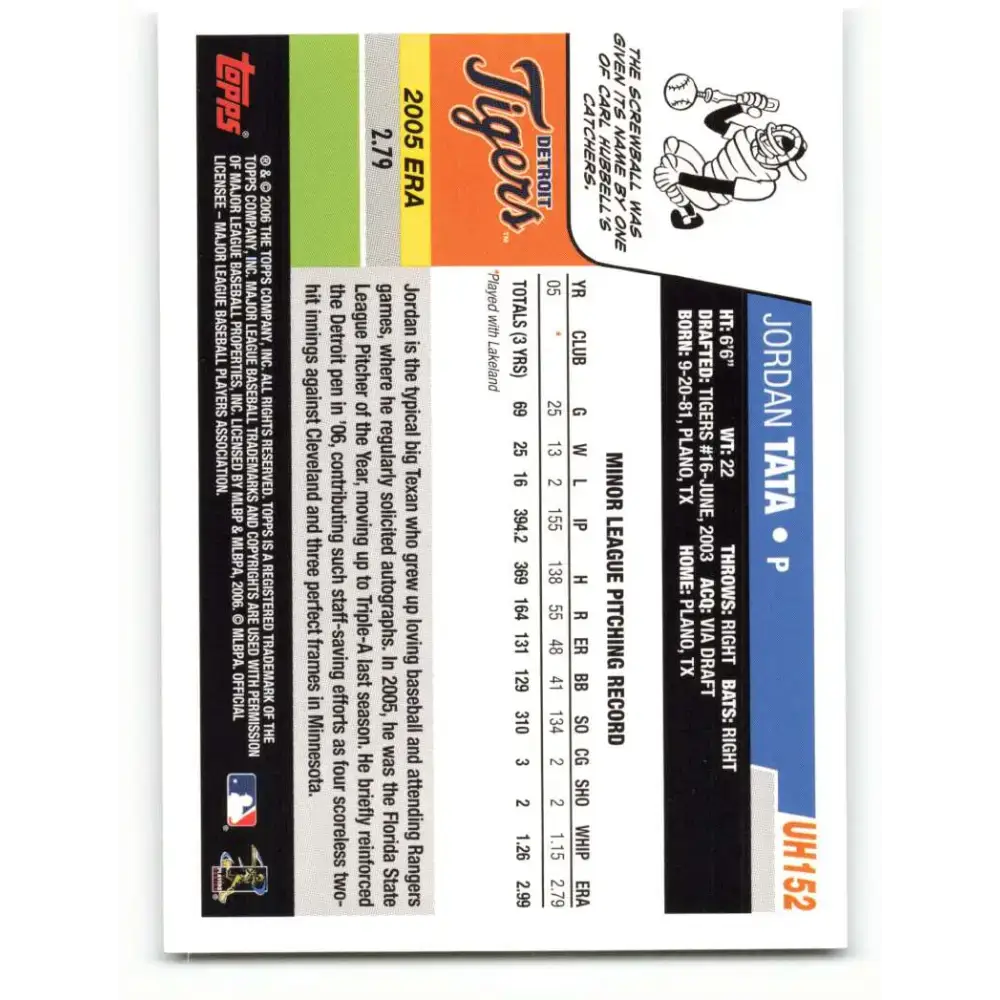 2006 Topps Update #152 Jordan Tata EX Excellent RC Rookie Detroit Tigers Baseball Card